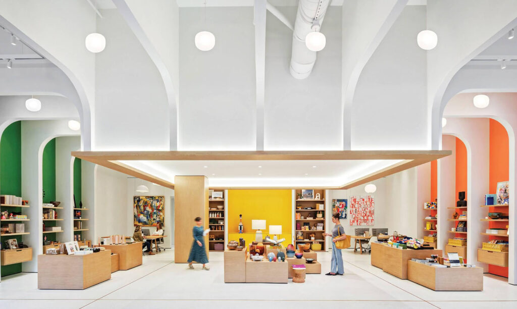 A large room with lots of colorful furniture.