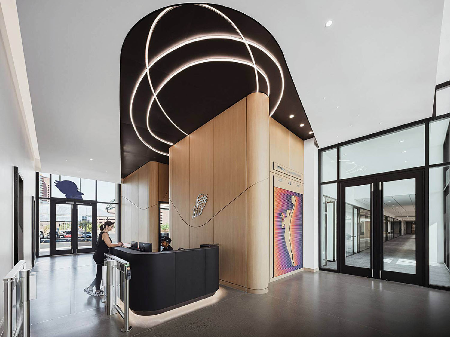 A large black and white reception area.