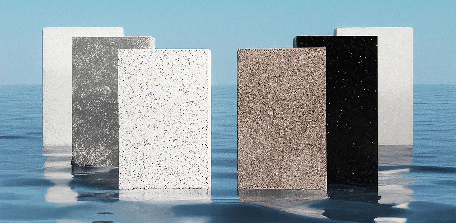 Three concrete blocks in the water.