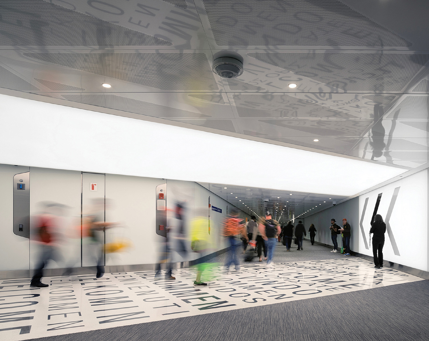 A group of people walking through a white building