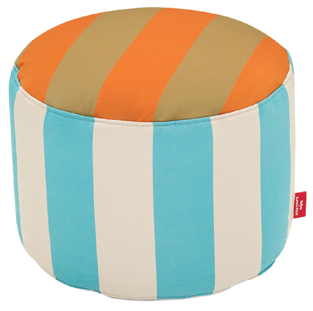 A round ottoman with a blue and orange stripe pattern