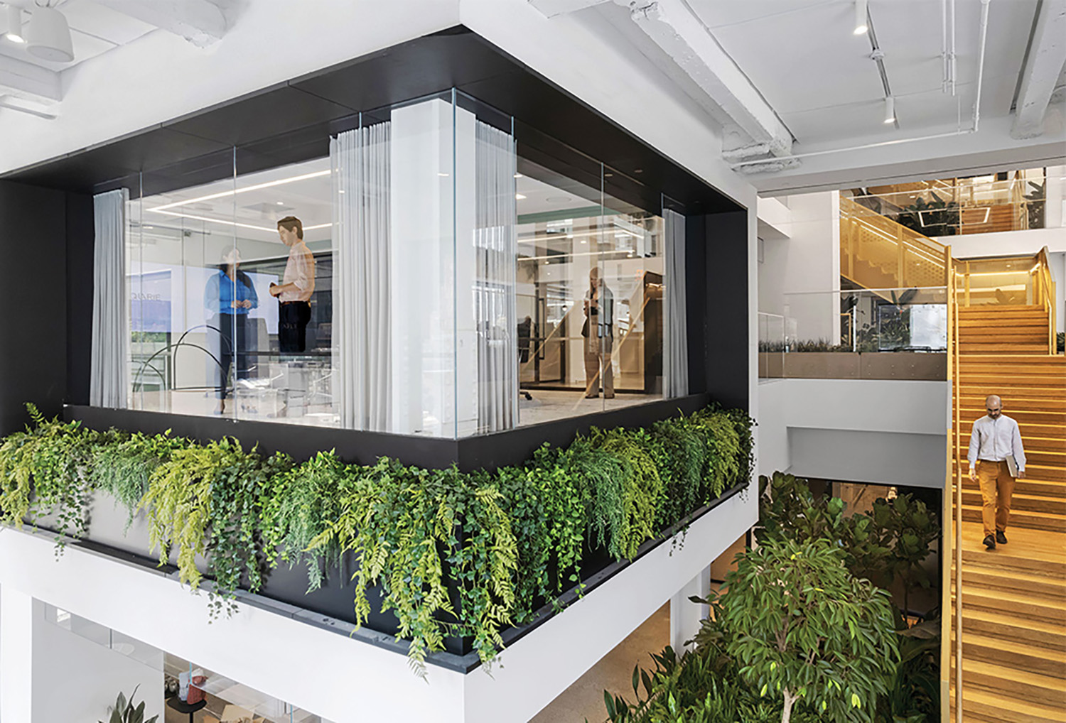 A large office with plants growing on the walls.