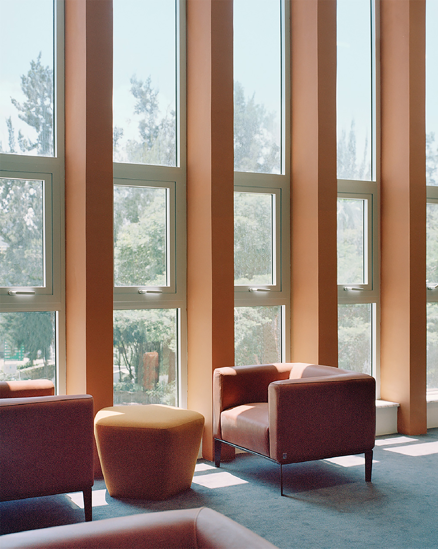 A room with a lot of windows and a couch.