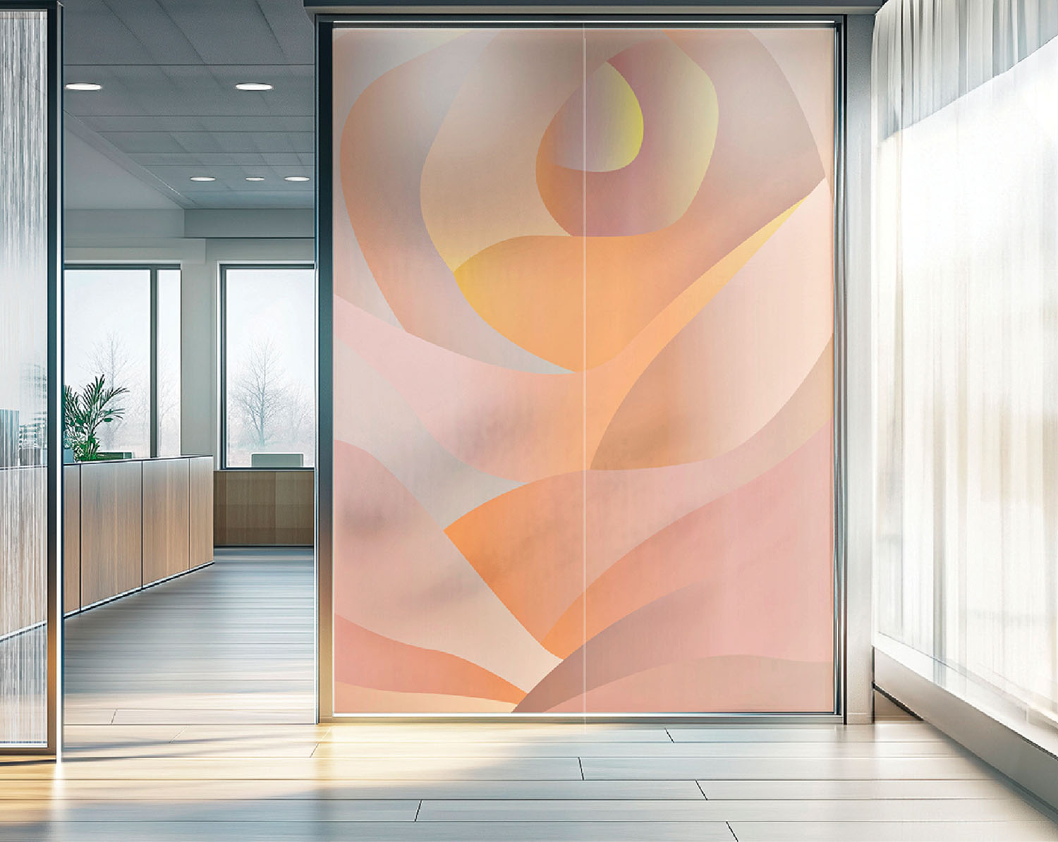 A glass door with a pink and orange design.