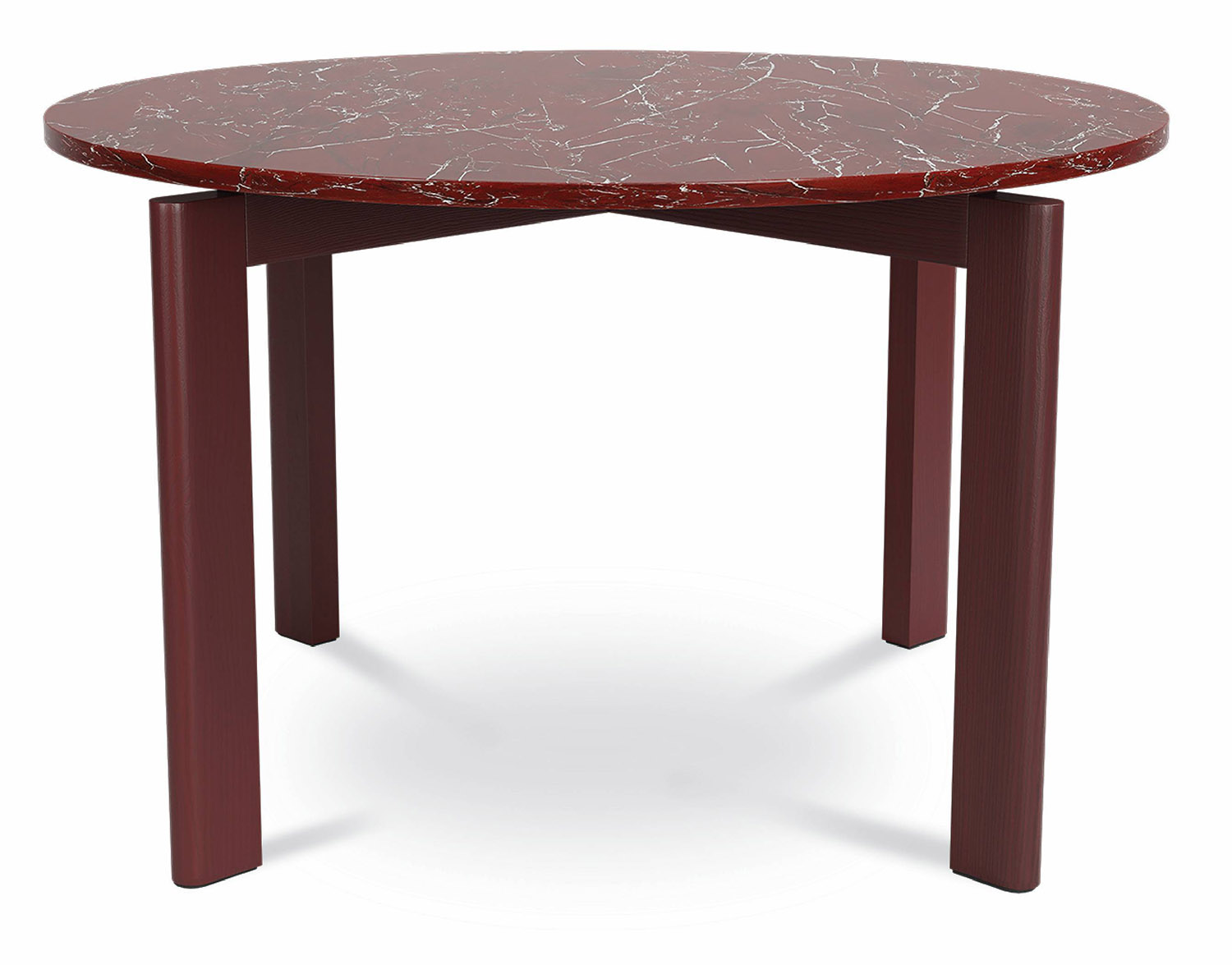A red marble top side table.