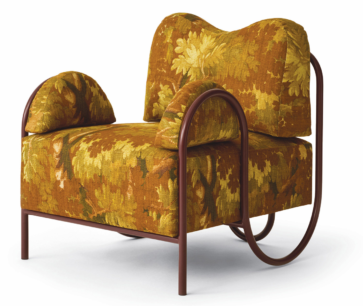 A yellow chair with a brown frame and a floral pattern.