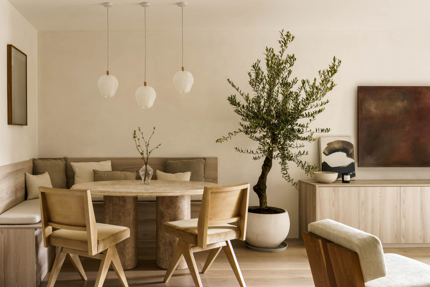 Japandi interior design living room with dining nook