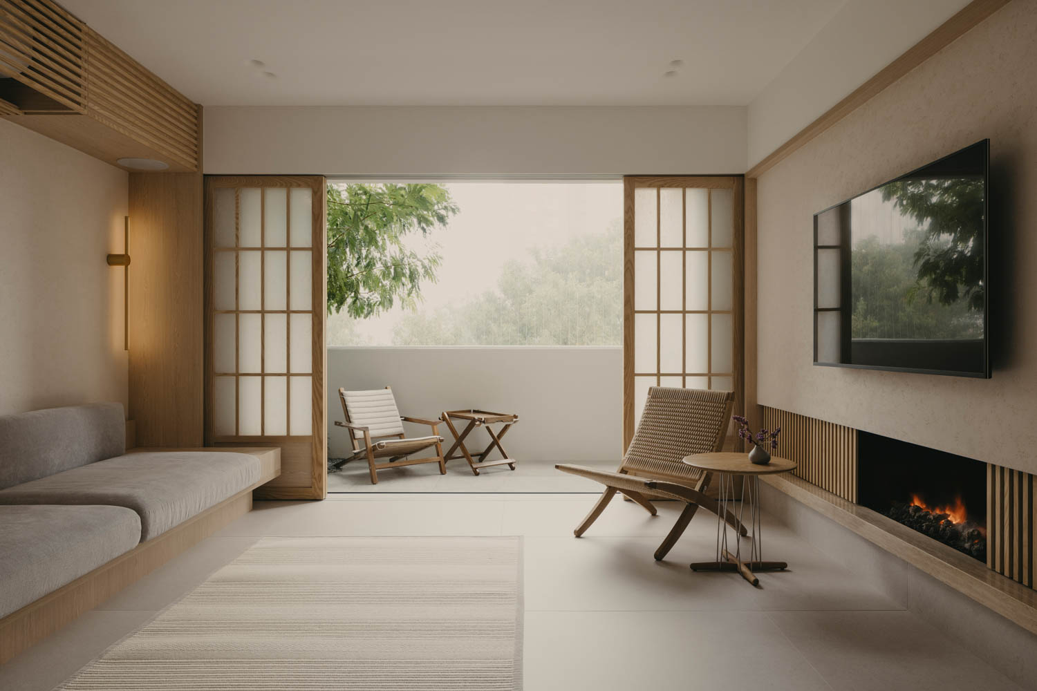 japandi interior design living room that opens to a patio