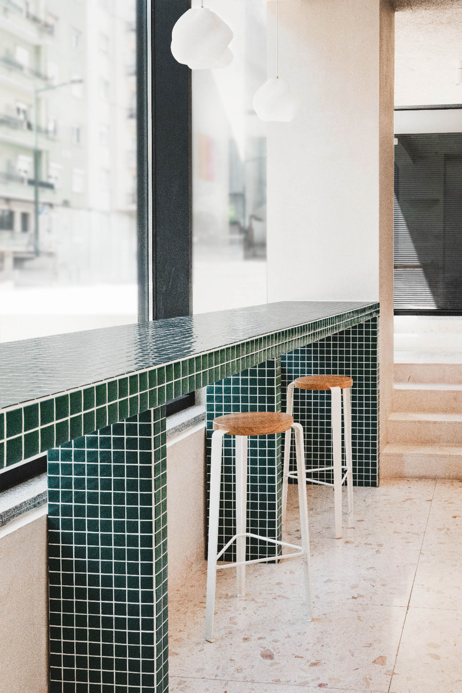 closeup of green tile bar
