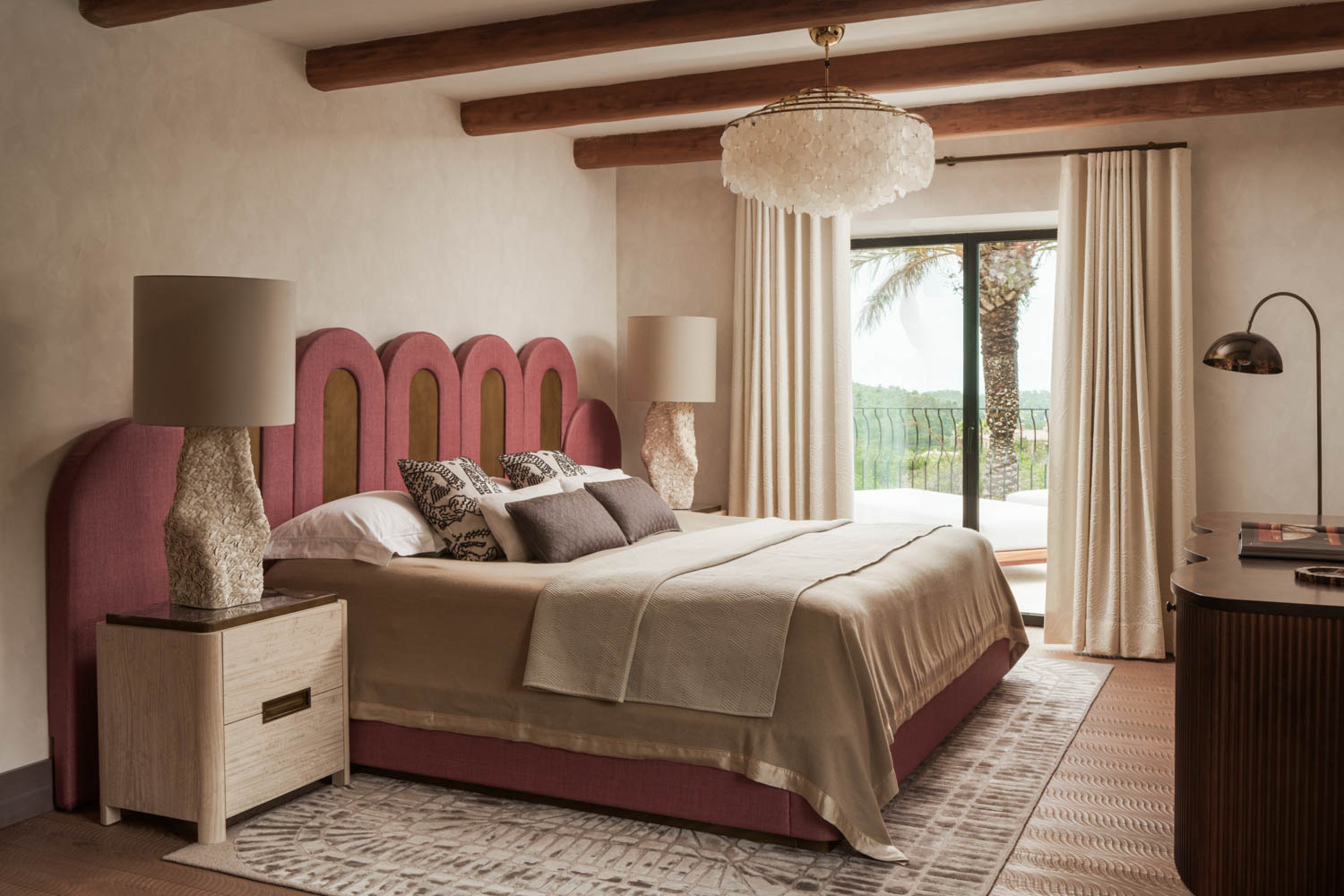 bedroom with pink headboard