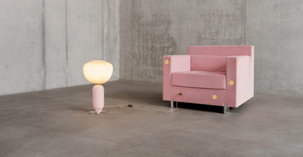 pink couch in showroom